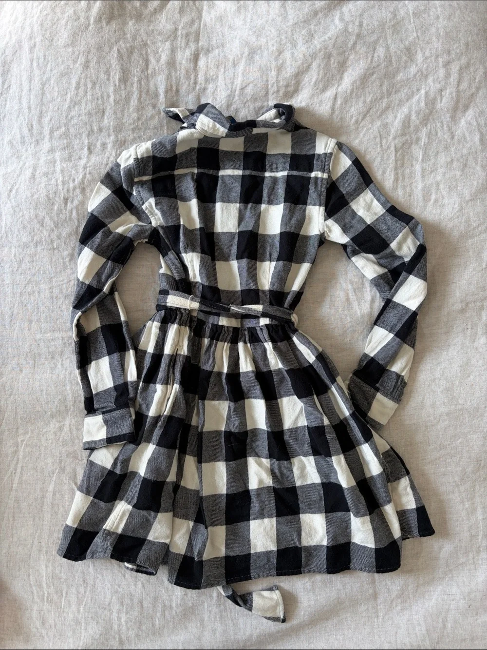 Girls Black & White Buffalo Plaid Shirt Dress with Tie Waist